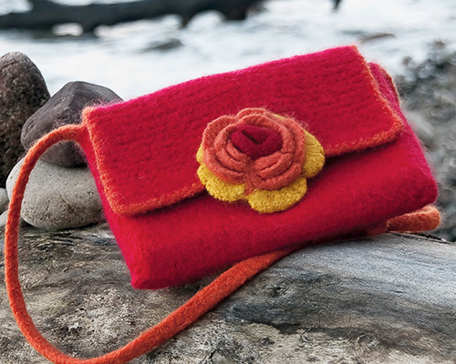 rot-orange Damen Filz-HandTasche mit gelber FilzBlüte